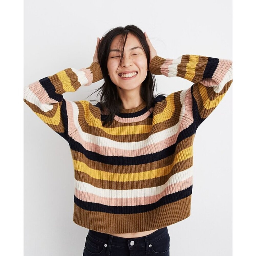 Madewell Striped Tilden Pullover Sweater Striped Heather Oak Wool Blend Large